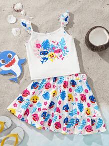 BABY SHARK X SHEIN Ensemble 2 pièces pour jeune fille composé d'un haut à bretelles volantées avec imprimé floral, plante et requin dessin animé, et d'une jupe à double volant avec ourlet volanté pour l'été - Multicolore - Voir 1