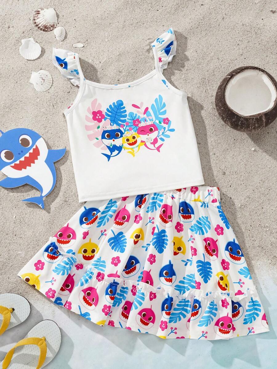 BABY SHARK X SHEIN Ensemble 2 pièces pour jeune fille composé d'un haut à bretelles volantées avec imprimé floral, plante et requin dessin animé, et d'une jupe à double volant avec ourlet volanté pour l'été - Multicolore - Voir 1