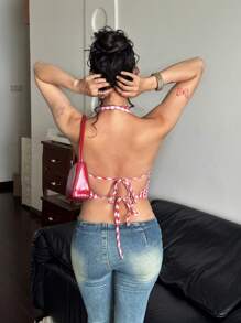 SHEIN EZwear Women's Red & White Gingham Halter Neck Woven Blazer: Casual Short Sleeveless Summer Style With Button Details And Asymmetrical Hem In Fall/Winter - Red and White - View 2