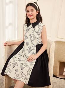 SHEIN Leap Crew Tween Girl Casual Simple Comfortable Floral Patchwork Sleeveless Polo Collar Dress - Black - View 4