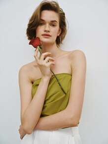 Lumivelle Top corto de bandeau casual sencillo para mujer, blusa ajustada de corte fruncido y de moda - Mostaza Amarilla - Ver 1