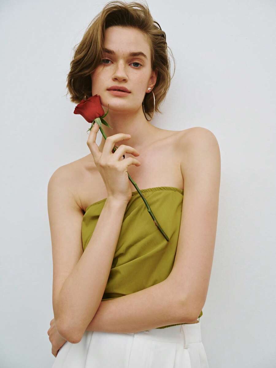 Lumivelle Top corto de bandeau casual sencillo para mujer, blusa ajustada de corte fruncido y de moda - Mostaza Amarilla - Ver 1