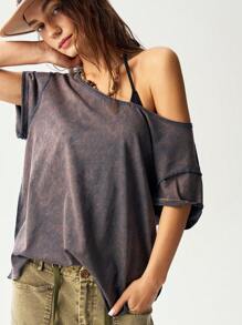 Bohemela 大码女式纯色针织不对称领口短袖宽松T恤上衣夏季