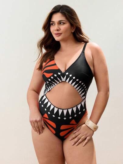 Maija Plus Size Contrast Color Hollow Out One-Piece Swimsuit  Bohemian Beach Holiday Style Casual Style  Summer For Women Vacation Outfits Vacation European Summer Hawaii Outfits Women