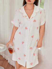SHEIN Heart Pattern Ruffle Trim Snap Front White Short Sleeve Nightgown - White - View 4
