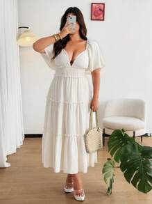 Flirla Plus Size V-Neck Ruffle Short Sleeve Casual French Romantic Boho Style A-Line Dress, Suitable For Beach And Vacation - Apricot - View 3