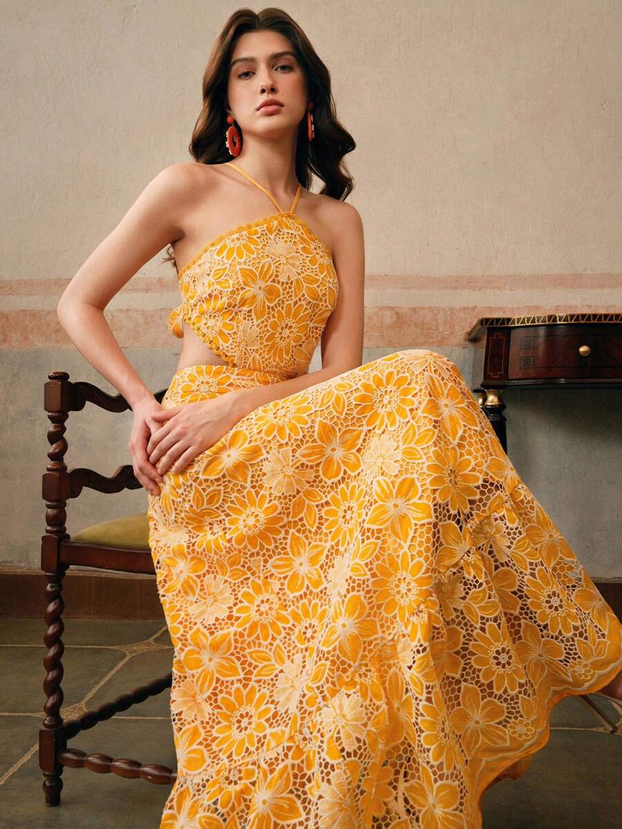 Anewsta French Style Backless Halter Neck Embroidered Hollow Dress