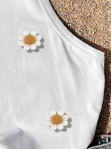 SHEIN EZwear Casual Round Neck Fitted Women Tank Top, 34% Cotton, Daisy Embroidery, Suitable For Summer,Embroidery,Springbreak ,Brunch-Ready Back To School - White - View 5