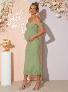 Loomaby 孕妇露肩褶皱鱼尾下摆连衣裙，优雅夏日 - 綠色 - 查看 3