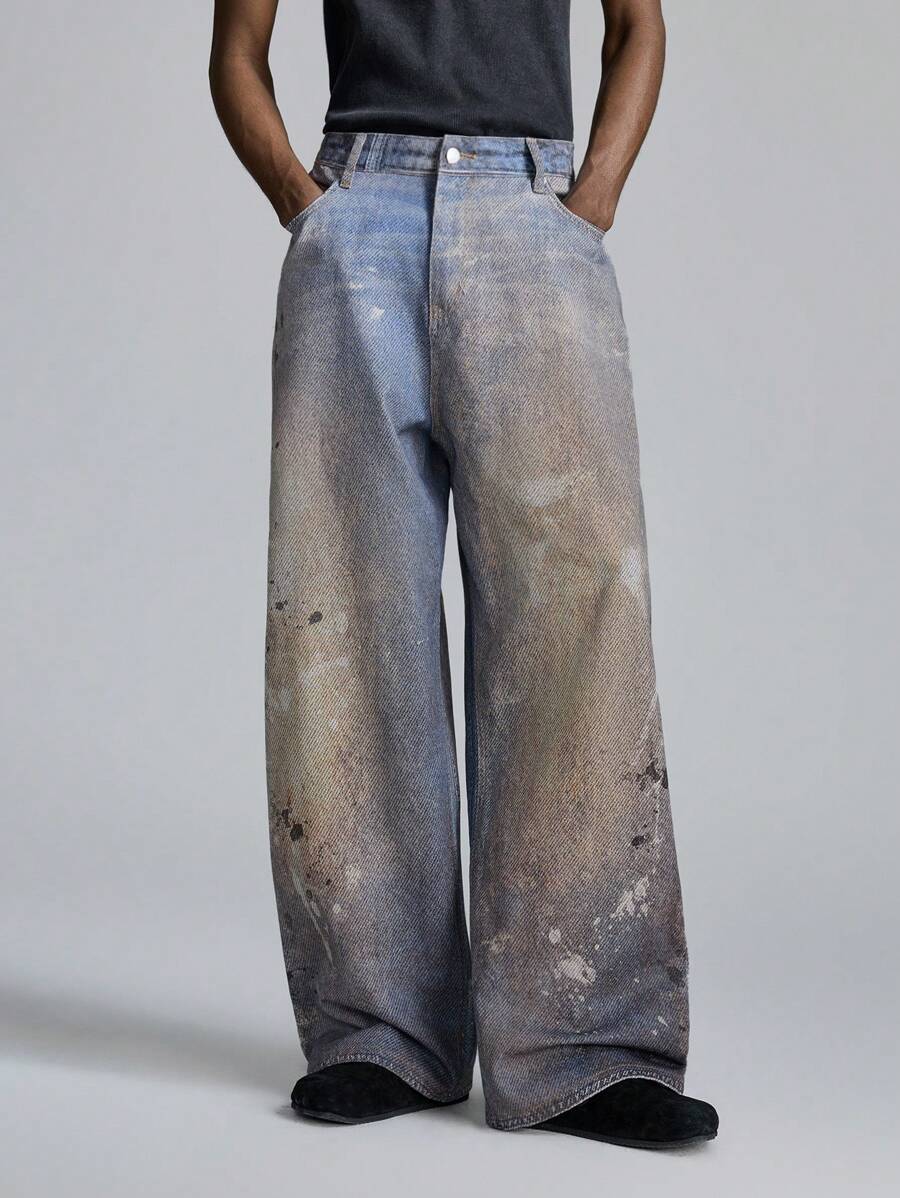 NEON BLANC 男士街头风格泼墨编织牛仔裤，校园风，街头服饰传统 - 紫色 - 查看 1