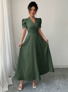 Selianne 女式泡泡袖收腰连衣裙 女式长款服装 - 墨綠色 - 查看 4