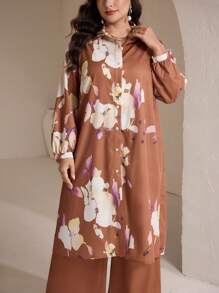 Veilorie Chaqueta de manga larga con diseño floral y abotonadura sencilla, y pantalones, conjunto de estilo árabe modesto para mujer de talla grande