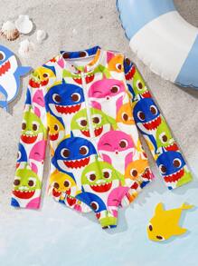 BABY SHARK X SHEIN Traje de baño de una sola pieza con cremallera, manga larga y volantes, con estampado de familia de tiburones coloridos, para niñas jóvenes en verano - Multicolor - Ver 1