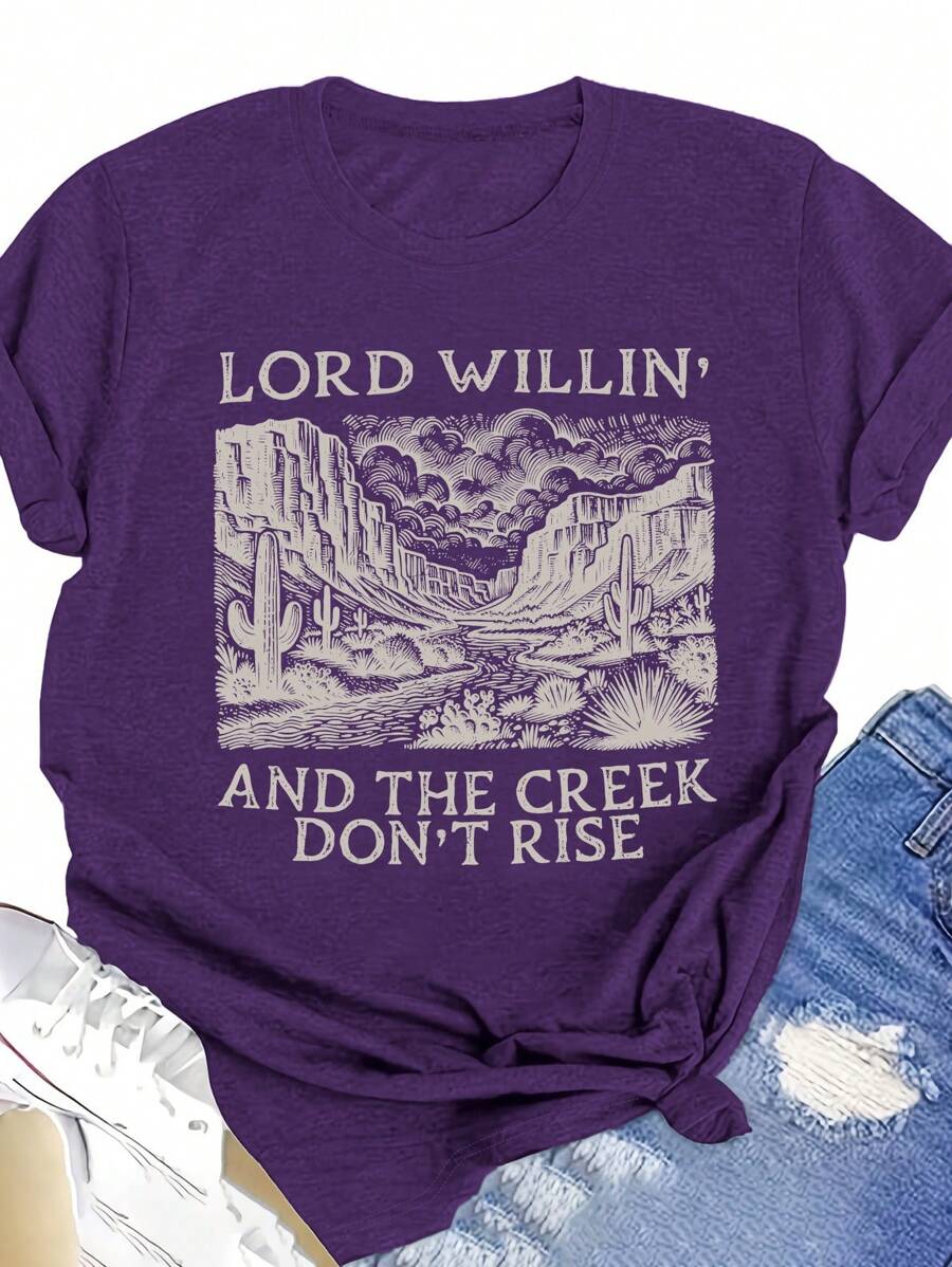 SHEIN LUNE Plus Size Women Summer Western Cowboy Desert Landscape Casual Round Neck Short Sleeve T-Shirt - Purple - View 1