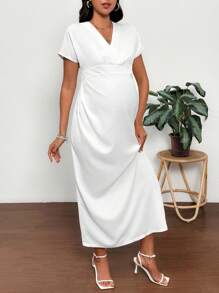 SHEIN Maternity Solid V-Neck Batwing Sleeve Elegant Dress - White - View 4