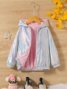 SHEIN Young Girl Slogan Graphic Zip Up Hooded Teddy Lined Holographic Jacket - Silver - View 2