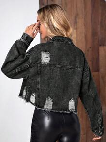 SHEIN Essnce Women's Casual Everyday Distressed Button-Up Denim Jacket With Frayed Edges - Black - View 2