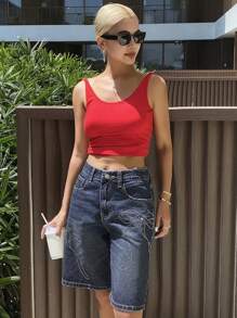 DAZY Women's Summer Loose Bowknot Rhinestone Design Casual Denim Shorts - Dark Wash - View 2