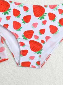 女童柠檬印花比基尼套装配和服开衫，女童 3 件黄色荷叶边下摆泳衣，甜美可爱的沙滩装，适合夏季度假 - 紅色 - 查看 4