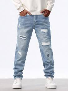 Manfinity Homme Jeans casual da uomo lavati e strappati, vestibilità affusolata, jeans da uomo casual da strada
