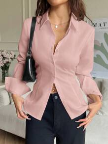 SHEIN EZwear Áo sơ mi dài tay buộc nút đơn màu trơn cho nữ, mùa hè - Hồng - Xem 2