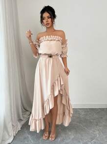 Rafferiza Fashion New Solid Color Off Shoulder Ruffle Hem Elastic Waist Dress For Women