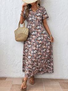 SHEIN LUNE Women's Floral Print V-Neck Short Sleeve Casual Long Maxi Dress, Suitable For Vacation