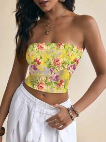 Pamile Women's Fitted Cropped Halter Top With Yellow Floral Print, For Summer Beach Vacation - Yellow - View 7