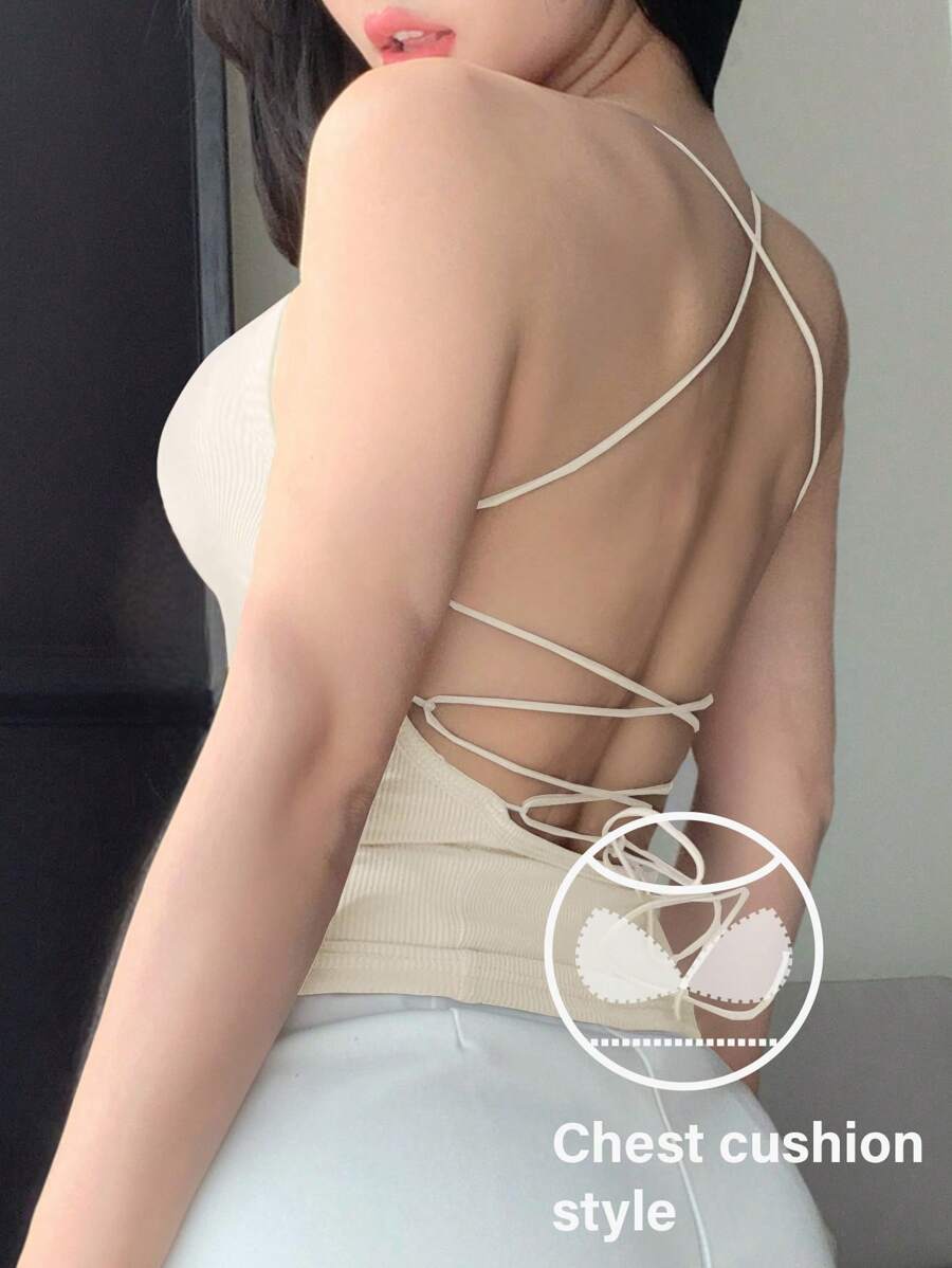 DAZY Simple Neck Spaghetti Strap Crisscross Back Design With Built-In Padded Camisole - White - View 1