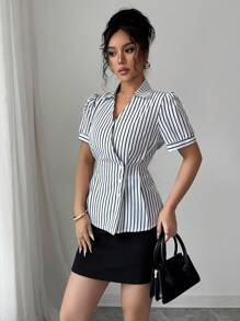 Elenzga 条纹系带腰V领衬衫，夏季时尚 - 杏色 - 查看 1