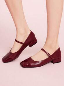 CUCCOO DOLLMOD Fashionable Maroon Mary Jane Chunky Heel Flats For Christmas Spring Shoes - Burgundy - View 4