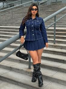 SHEIN ICON 大码休闲时尚前扣长袖牛仔夹克，蓝色 - 藍色 - 查看 6