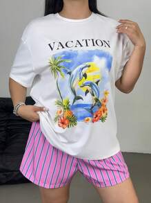 Flirla Plus Size Tropical Print T-Shirt And Striped Shorts 2 Pieces Set, Casual For Vacation Holiday - Multicolor - View 1