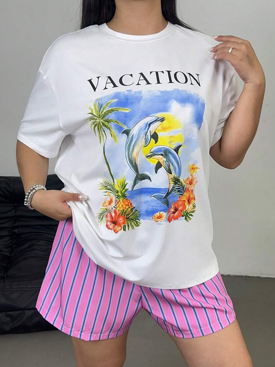 Flirla Plus Size Tropical Print T-Shirt And Striped Shorts 2 Pieces Set, Casual For Vacation Holiday - Multicolor - View 1