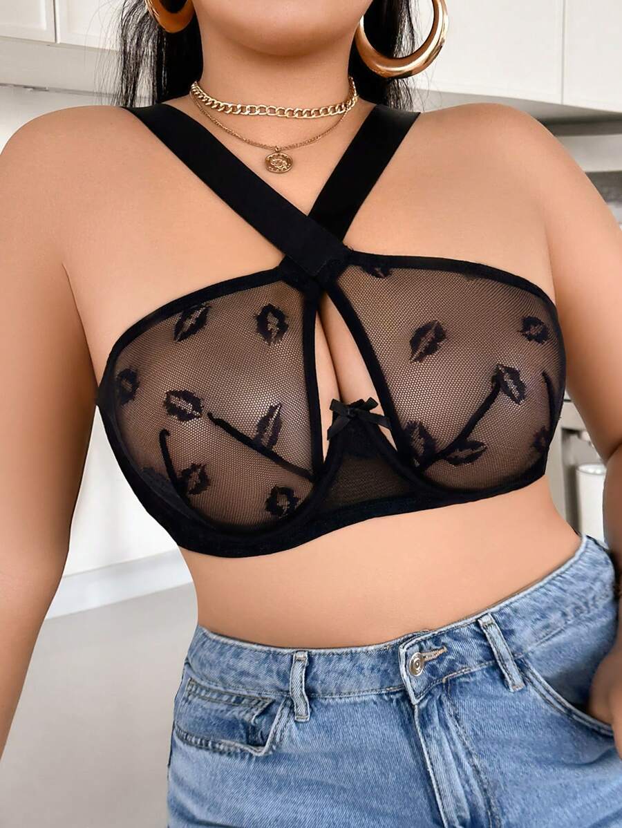 SHEIN 唇形设计网状钢圈薄底舒适加大码内衣 - 黑色 - 查看 1