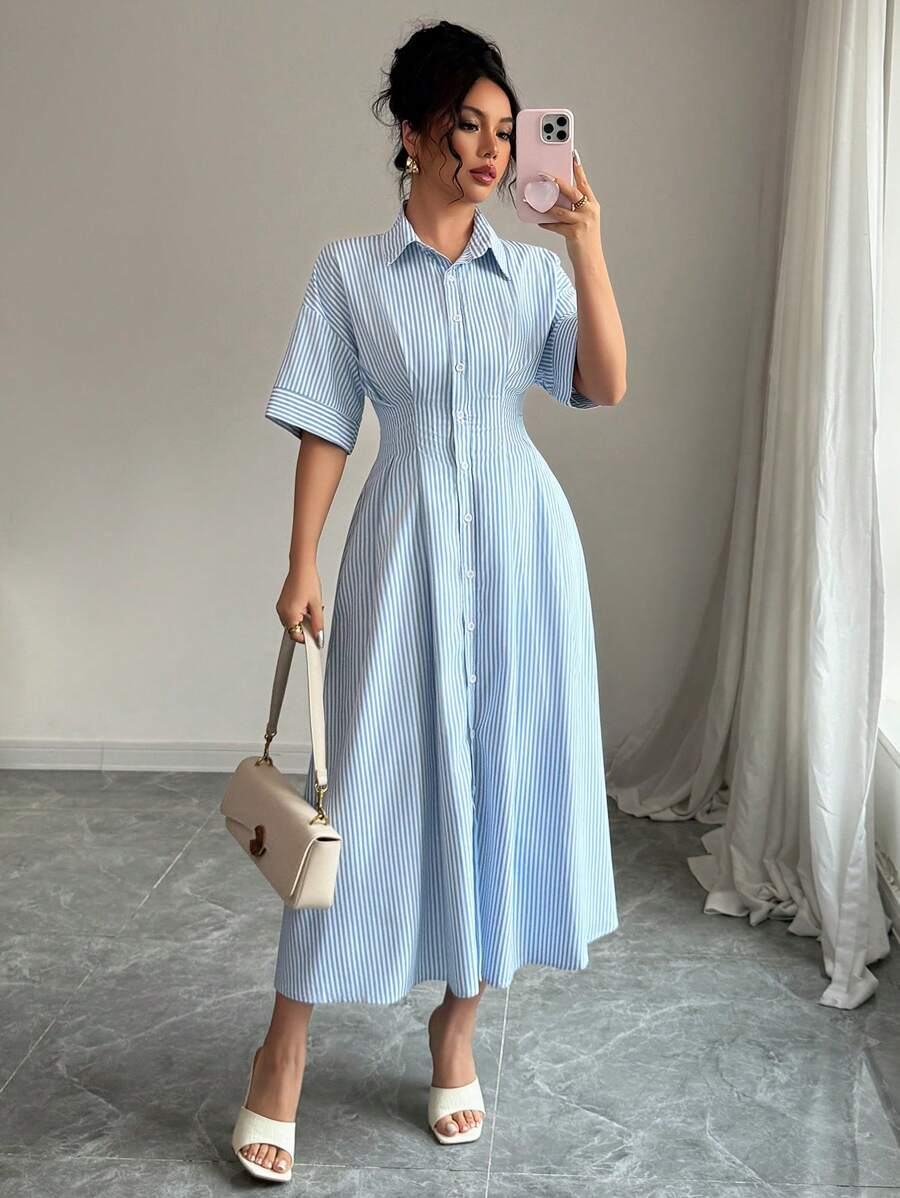 Selianne Elegant Collared Short Sleeve Button Down Waist Striped Spring/Summer Dress - Blue - View 1