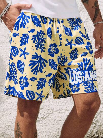 Street Life Men's Plant Print Drawstring Waist Loose Shorts, Suitable For Vacation