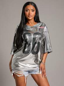 SHEIN SXY 运动金属银色球衣俱乐部超大 T 恤，适合啦啦队、球赛、约会之夜、生日、单身派对、可爱、休闲、购物、街头服饰、外出 - 銀色 - 查看 9