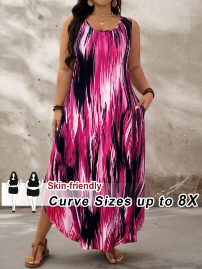 SHEIN CURVE+ Vestido largo sin mangas con cuello redondo con estampado abstracto colorido, tallas grandes, estilo bohemio para vacaciones, atuendos de verano para mujer, vestido de playa, atuendos de vacaciones de playa, esenciales de playa, graduación, vestido para té