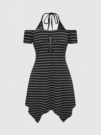Grunge Punk Punk Summer Women Dress, Valentine's Day Beach Holiday Outfit Sleeveless Open Shoulder Asymmetric Hem Splicing Lace Cross Embroidery Stripe Spaghetti Strap Mini Dress