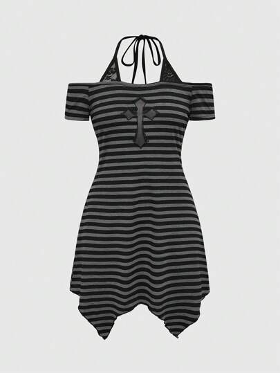 Grunge Punk Punk Summer Women Dress, Valentine's Day Beach Holiday Outfit Sleeveless Open Shoulder Asymmetric Hem Splicing Lace Cross Embroidery Stripe Spaghetti Strap Mini Dress