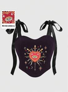 ROMWE Goth Girl Cottagecore Love Patch Rhinestone Crystal Teardrop Star Square Neck Lace-Up Crop Top For Plus Size Women - Purple - View 1