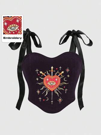 Goth Top corto tipo chaleco con cuello de encaje, adornado con parches, cristales, estrella de cristal y escote cuadrado para mujeres talla grande en estilo gótico y cottage core