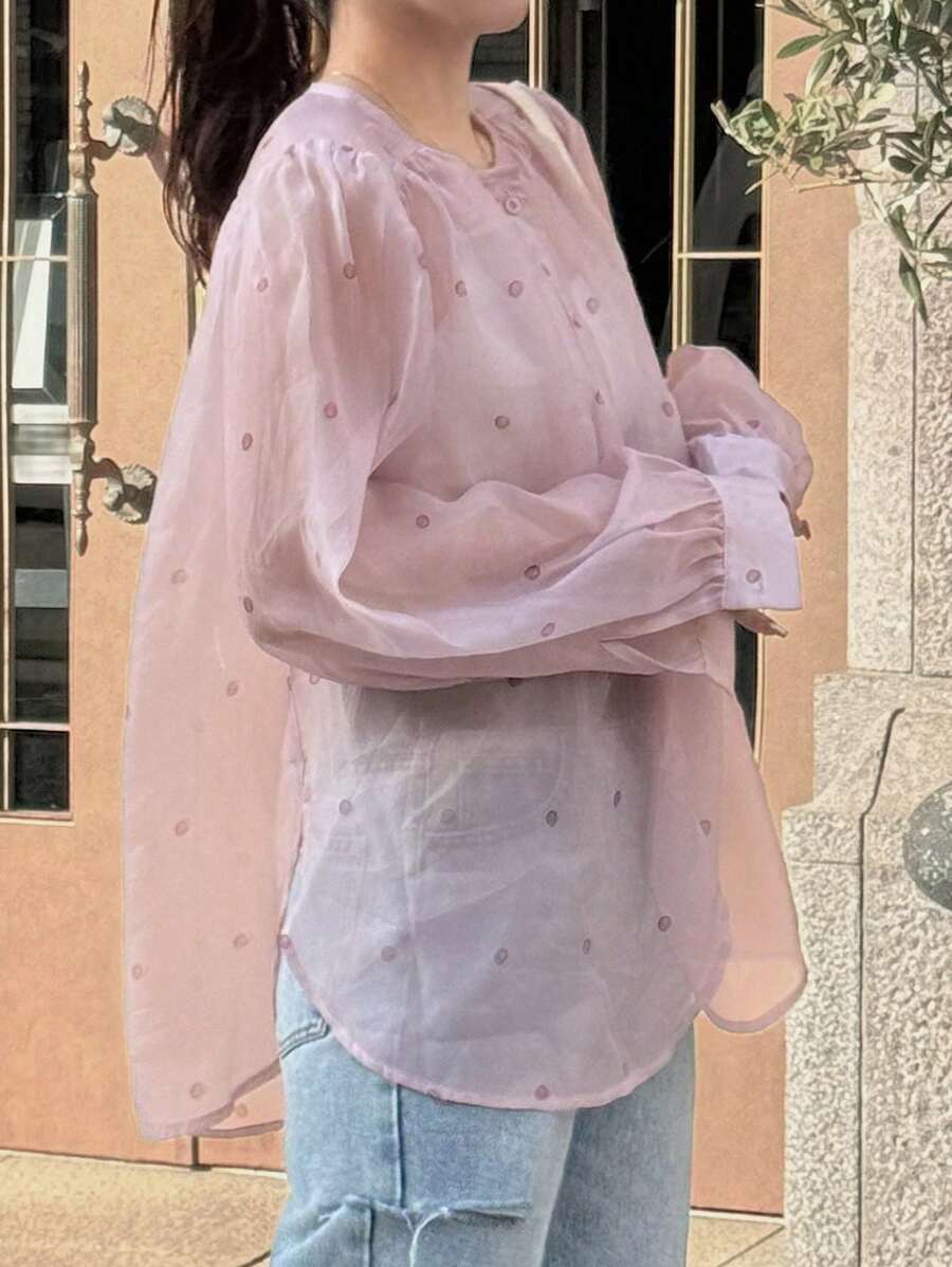 FRIFUL Camisa de mujer de manga larga, cuello redondo y holgada con malla, de moda para verano y otoño - Rosa - Ver 1