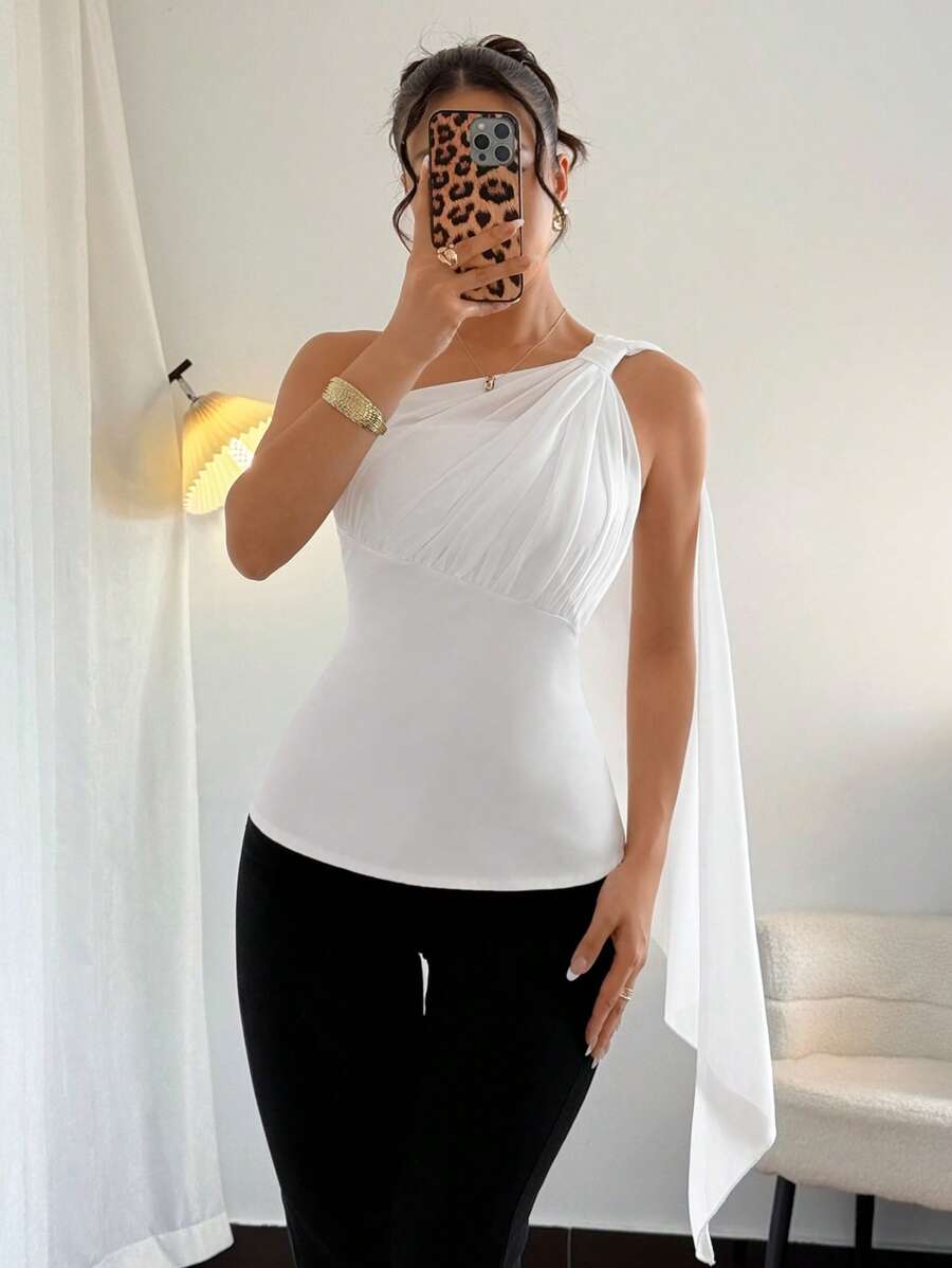 Chiquease Mujer Elegante Camiseta sin Espalda de Cuello Asimétrico de unicolor Suelta, Versátil