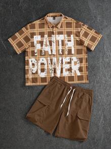 Manfinity Roghcode Men's Plaid & Letter Print Short Sleeve Shirt And Drawstring Waist Shorts Set - Multicolor - View 4