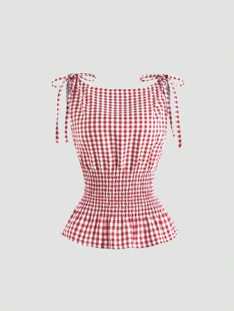 Sweetra Women's Spring/Summer Elegant Gingham Shoulder Tie Waist Fitted Slim Tank Top, Versatile For Daily Commute