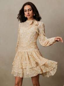 Anewsta Women All-Over Print Stand Collar Long Sleeve Ruched Flounce Hem Dress