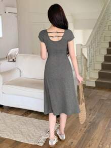 DAZY Women Solid Color Round Neck Short Sleeve Dress Summer Sundress, Casual Women Dress - Grey - View 5