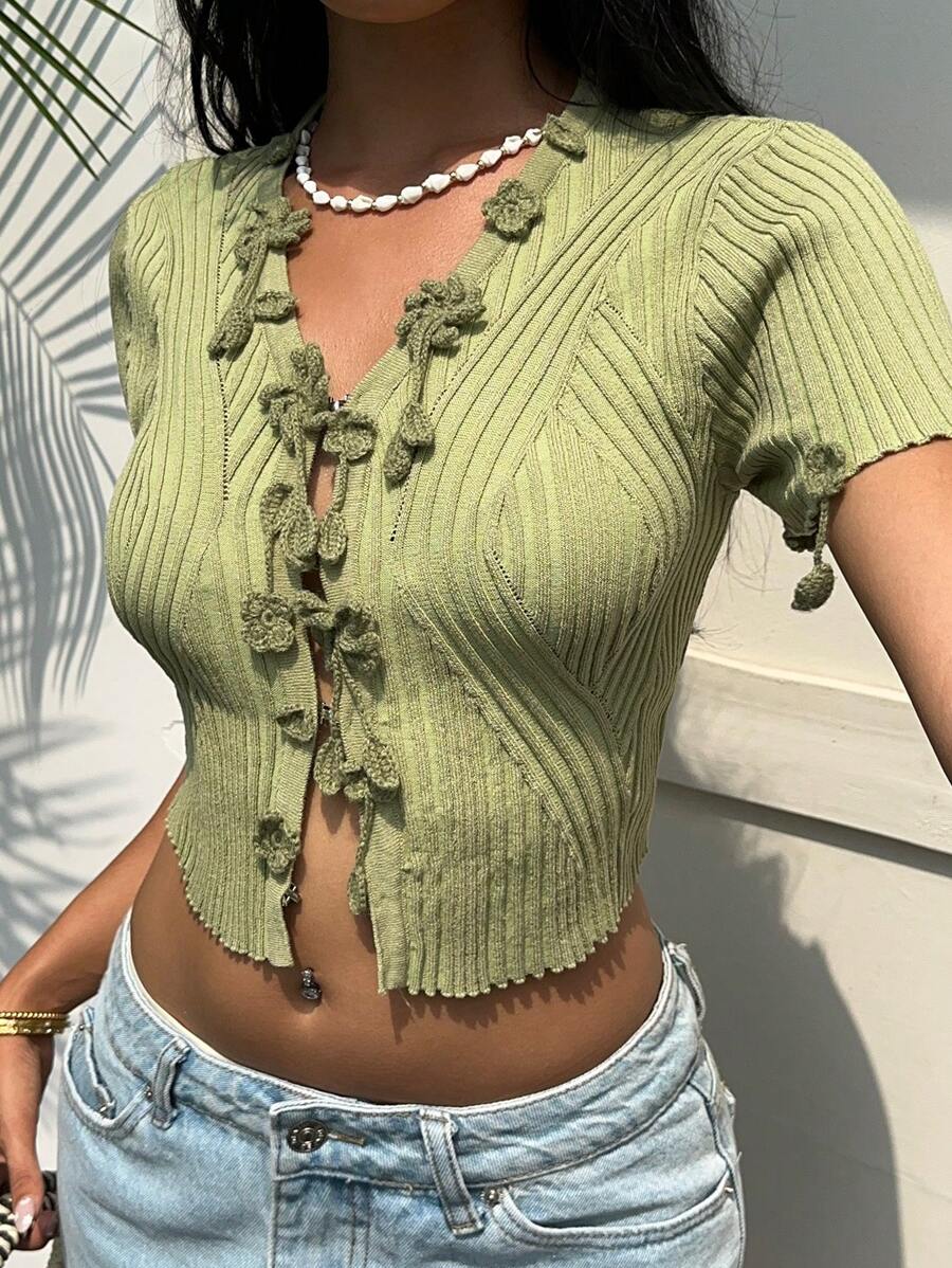 SHEIN EZwear Women's Summer Casual 3D Flower Decor Crop Cardigan - Green - View 1